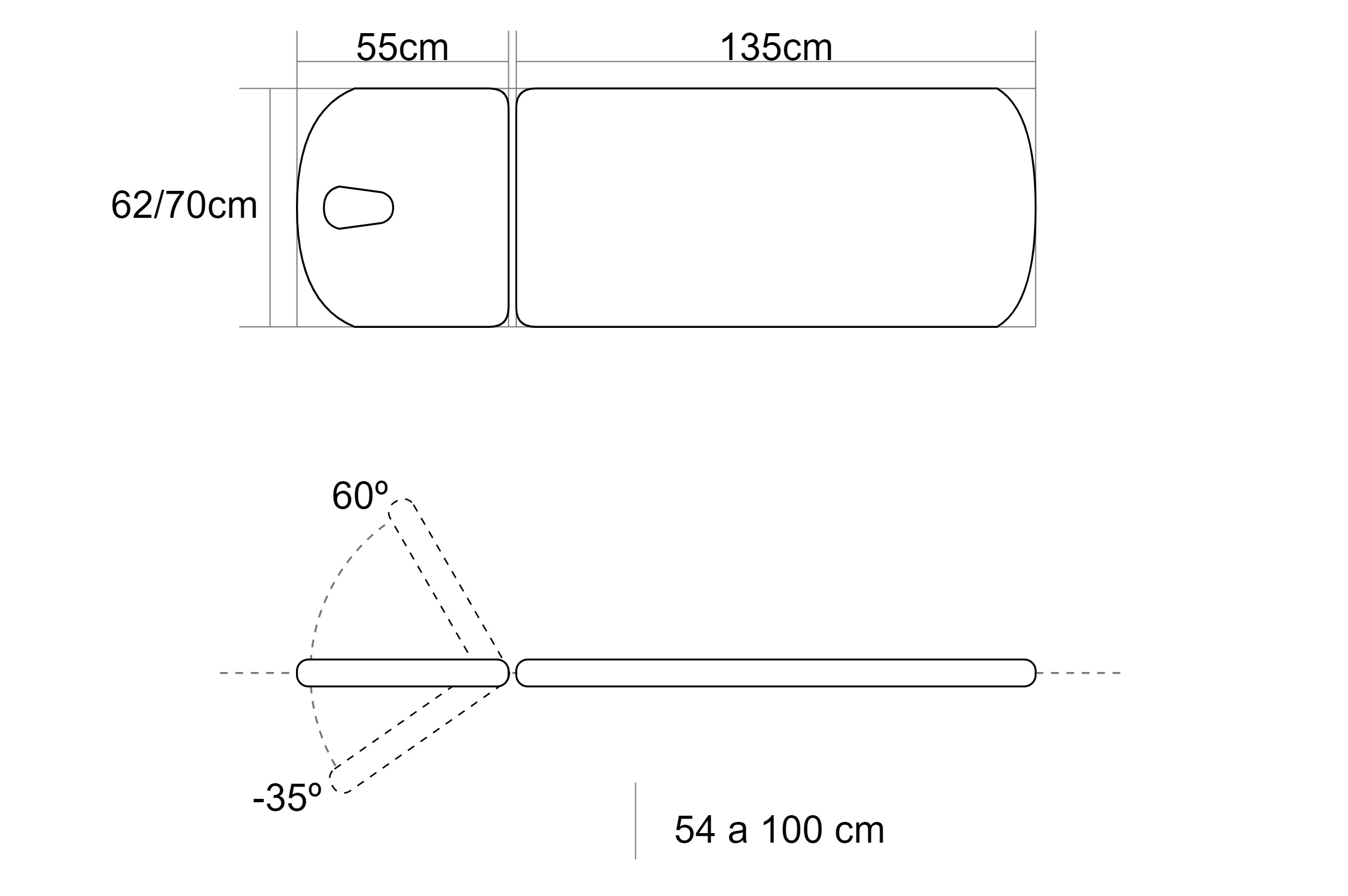 CE-0127-AR70 Camilla de reconocimiento eléctrica de 2 secciones con respaldo reclinable en negativo y subida recta sin desplazamiento lateral, portarrollos, tapón facial y ruedas escamoteables Ancho 70 cm